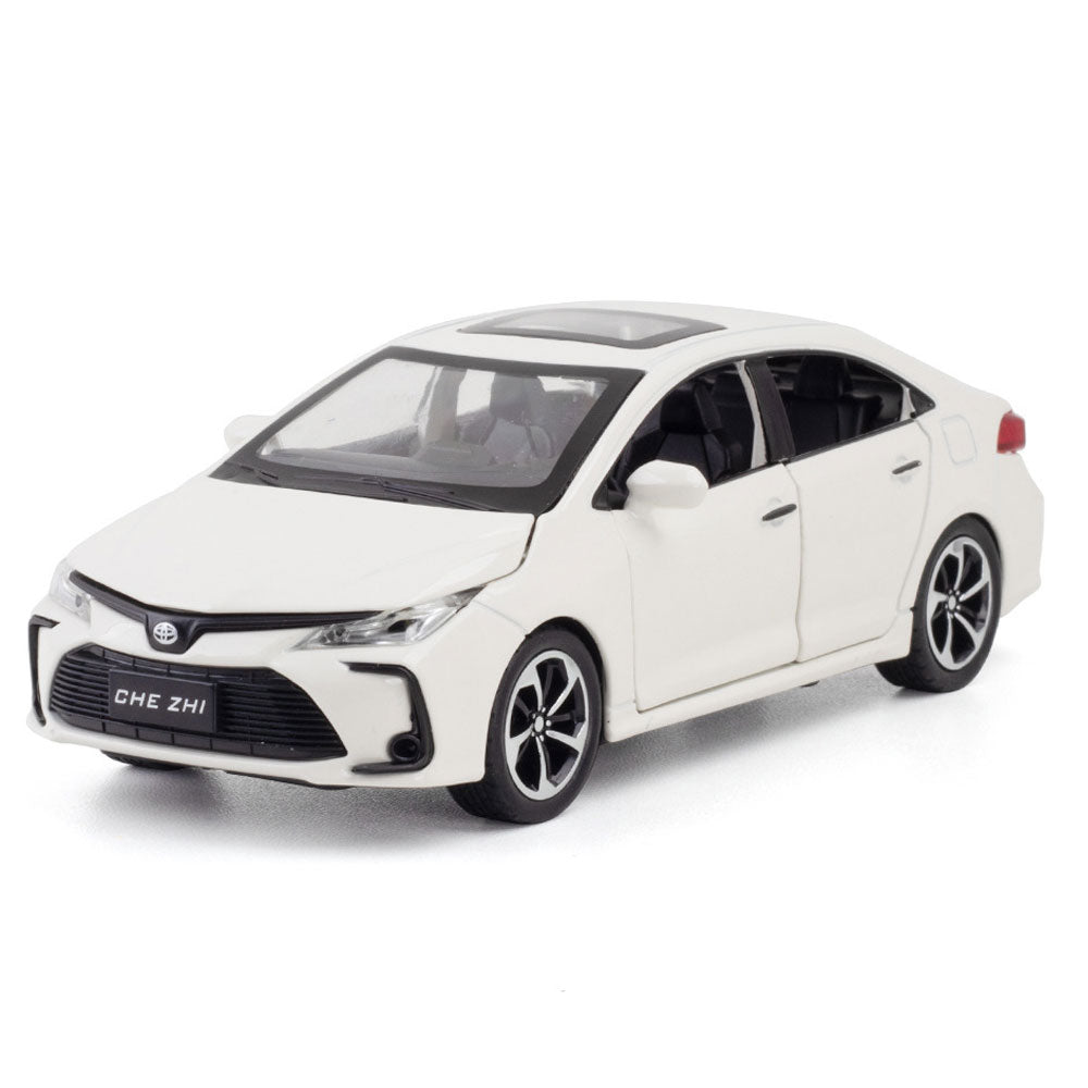 Toyota Corolla  1:32 Metal Diecast Car – Pull Back, Lights & engine Sounds, All Doors Open [White]