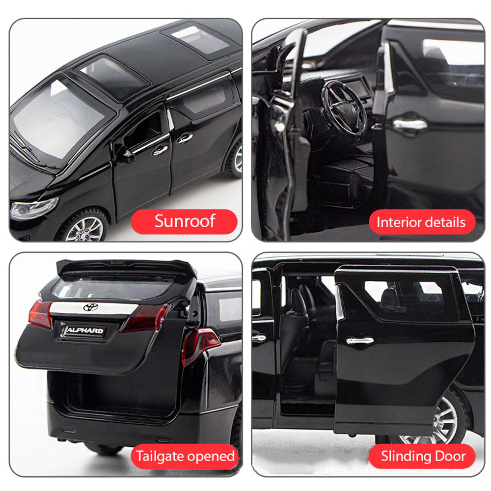 Toyota Alphard 1:32 Metal Diecast Car – Pull Back, Lights & Sounds, All Doors Open [Black]