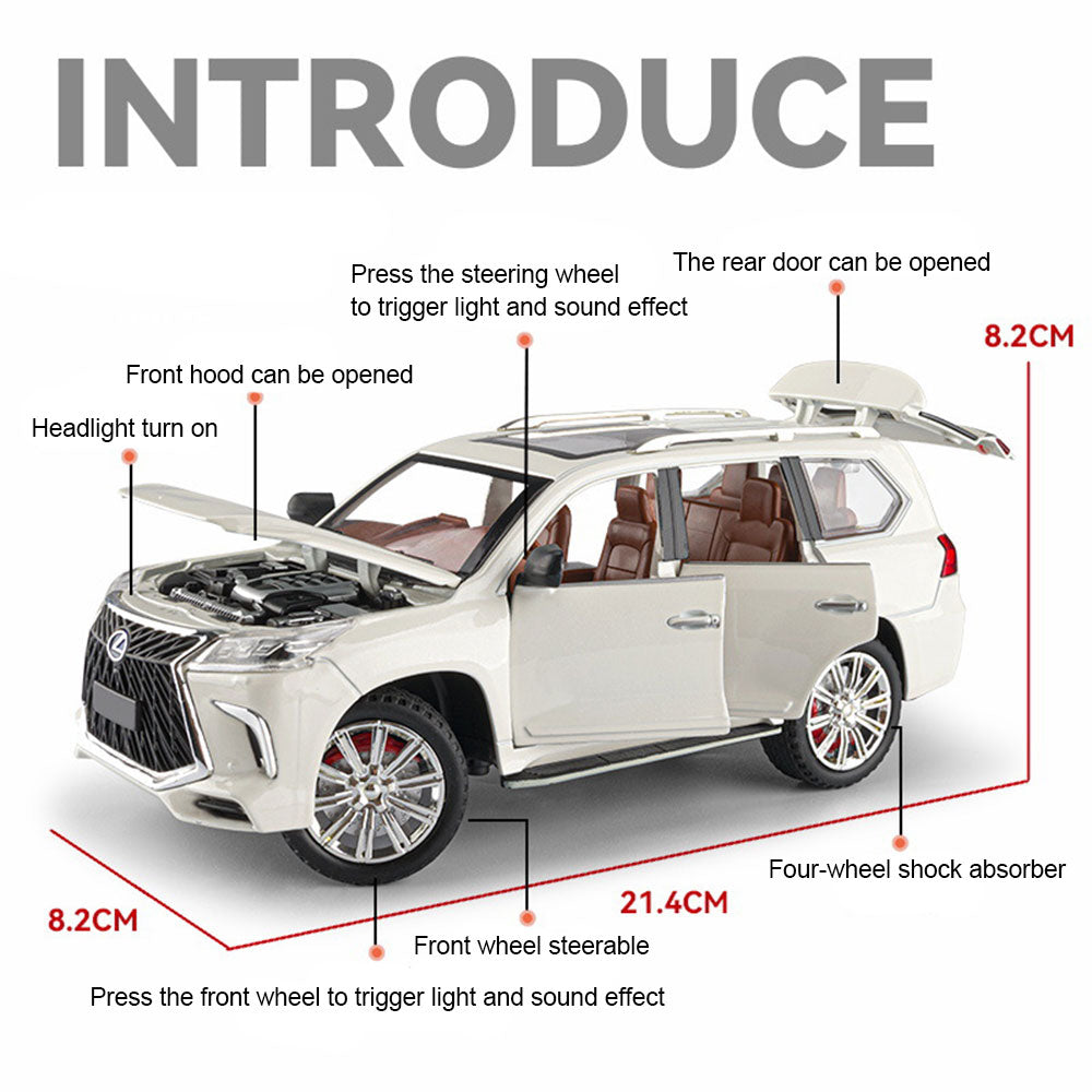 LEXUS LX570 1:24 Metal Diecast Car – Pull Back, Lights & engine Sounds, All Doors Open [White]