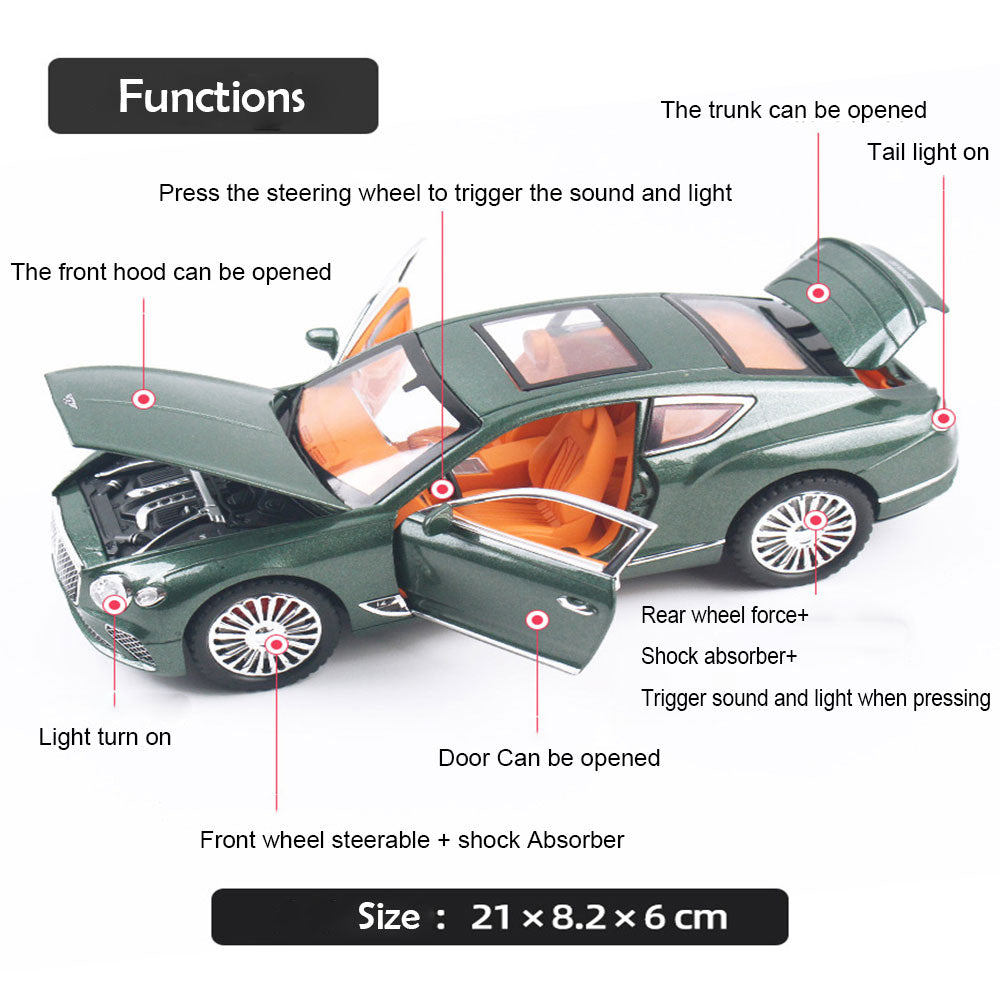 Bentley Continental 1:24 Metal Diecast Car – Pull Back, Lights & engine Sounds, All Doors Open [GREEN]