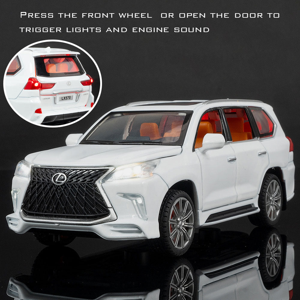 LEXUS LX570 1:24 Metal Diecast Car – Pull Back, Lights & engine Sounds, All Doors Open [White]