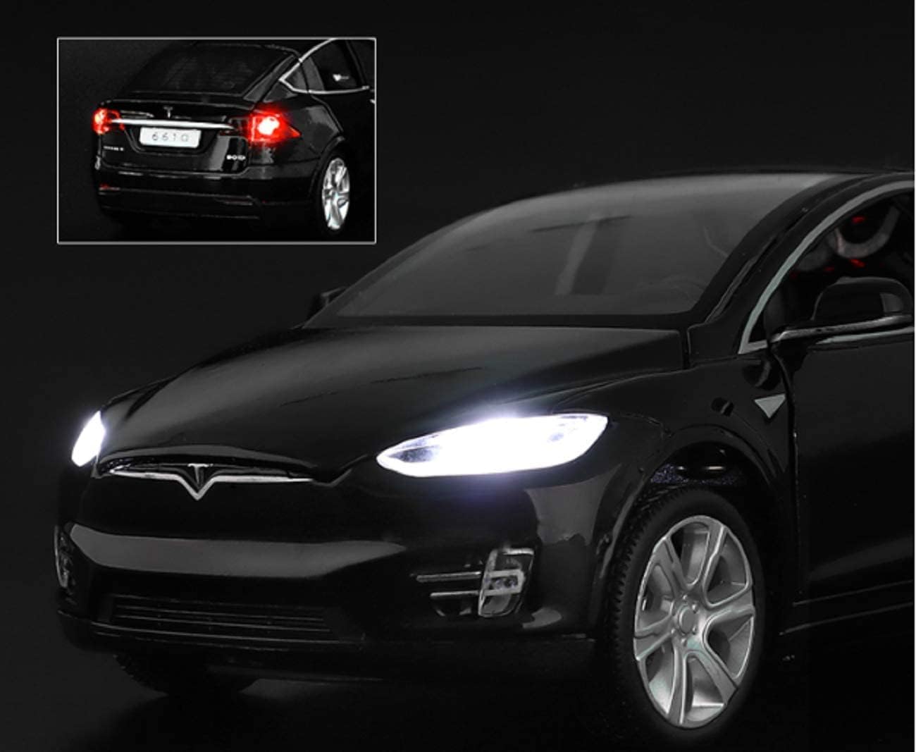 Tesla Model X 1:32 Metal Diecast Car – Pull Back, Lights & Sounds, All Doors Open [Black]