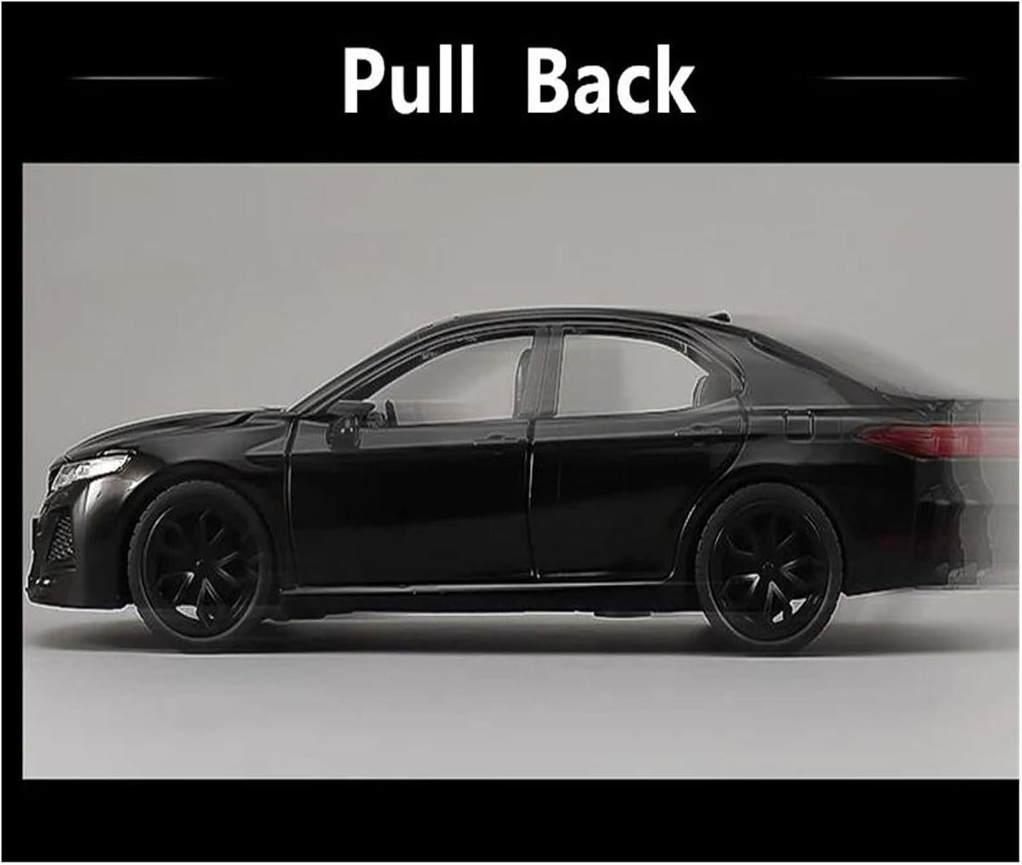 Toyota Camry 1:24 Metal Diecast Car – Pull Back, Lights & engine Sounds, All Doors Open [Black]