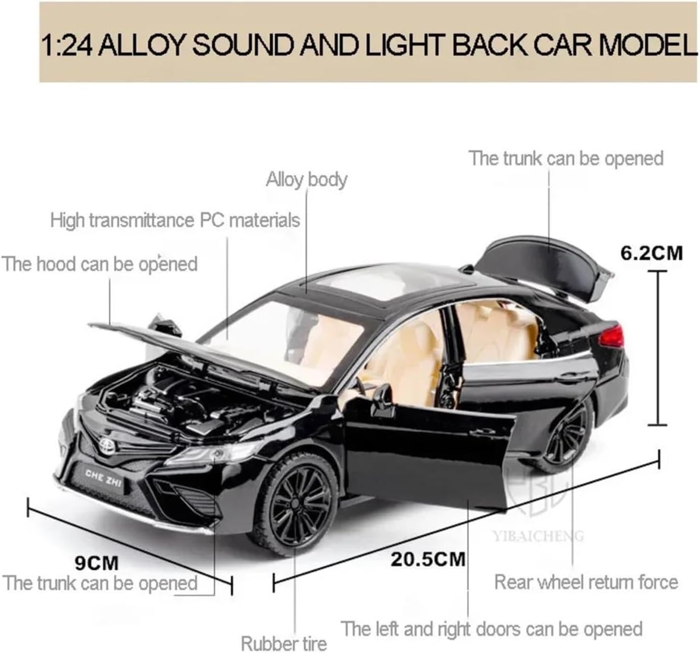 Toyota Camry 1:24 Metal Diecast Car – Pull Back, Lights & engine Sounds, All Doors Open [Black]