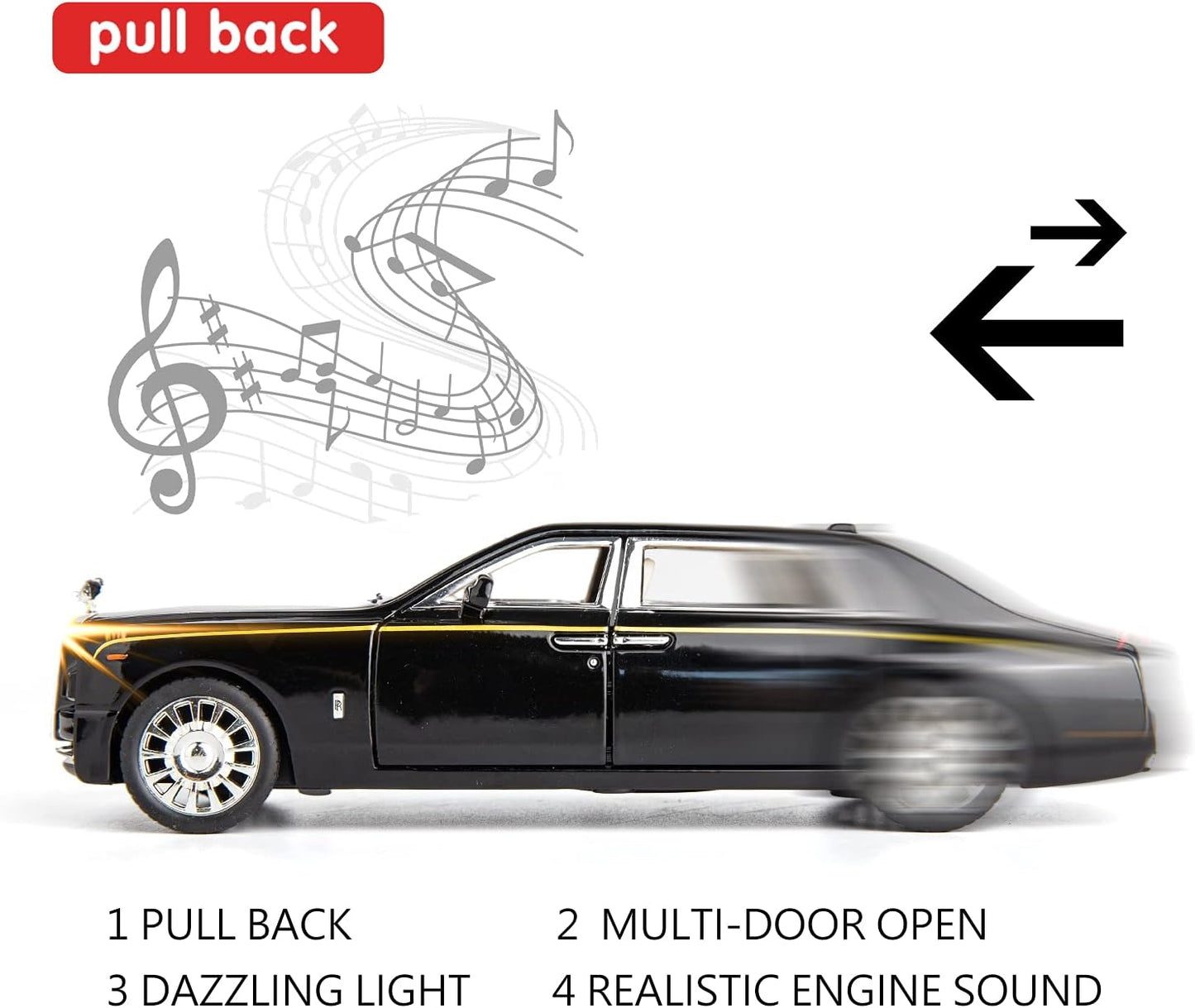 Rolls-Royce Phantom 1:32 Metal Diecast Car – Pull Back, Lights & Sounds, All Doors Open [Black ]