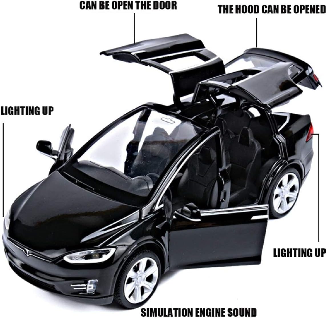 Tesla Model X 1:32 Metal Diecast Car – Pull Back, Lights & Sounds, All Doors Open [Black]