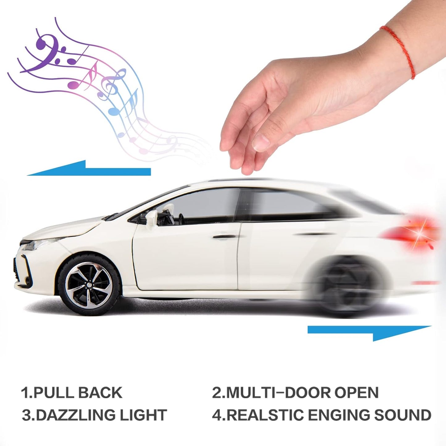 Toyota Corolla  1:32 Metal Diecast Car – Pull Back, Lights & engine Sounds, All Doors Open [White]