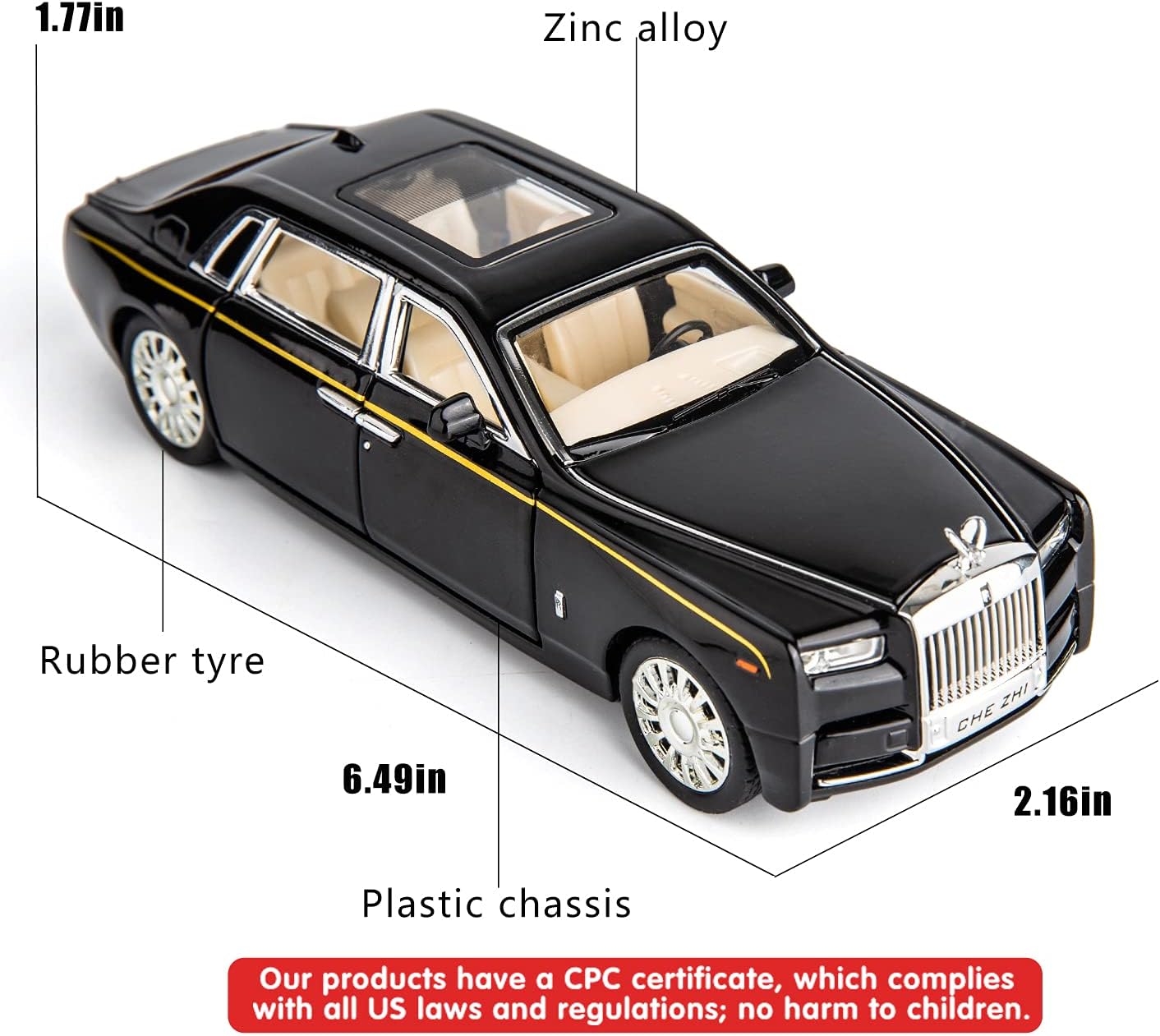 Rolls-Royce Phantom 1:32 Metal Diecast Car – Pull Back, Lights & Sounds, All Doors Open [Black ]