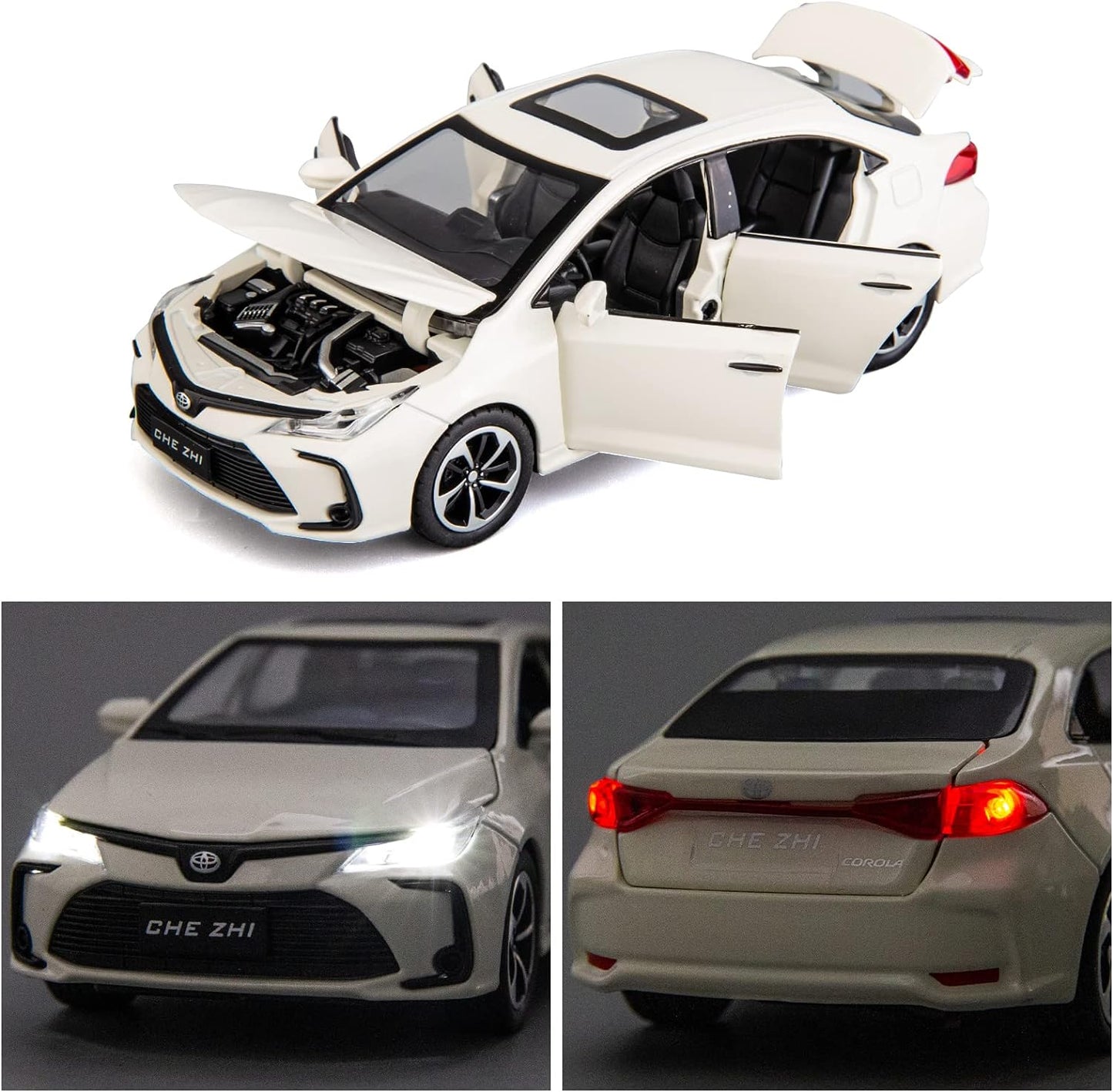 Toyota Corolla  1:32 Metal Diecast Car – Pull Back, Lights & engine Sounds, All Doors Open [White]