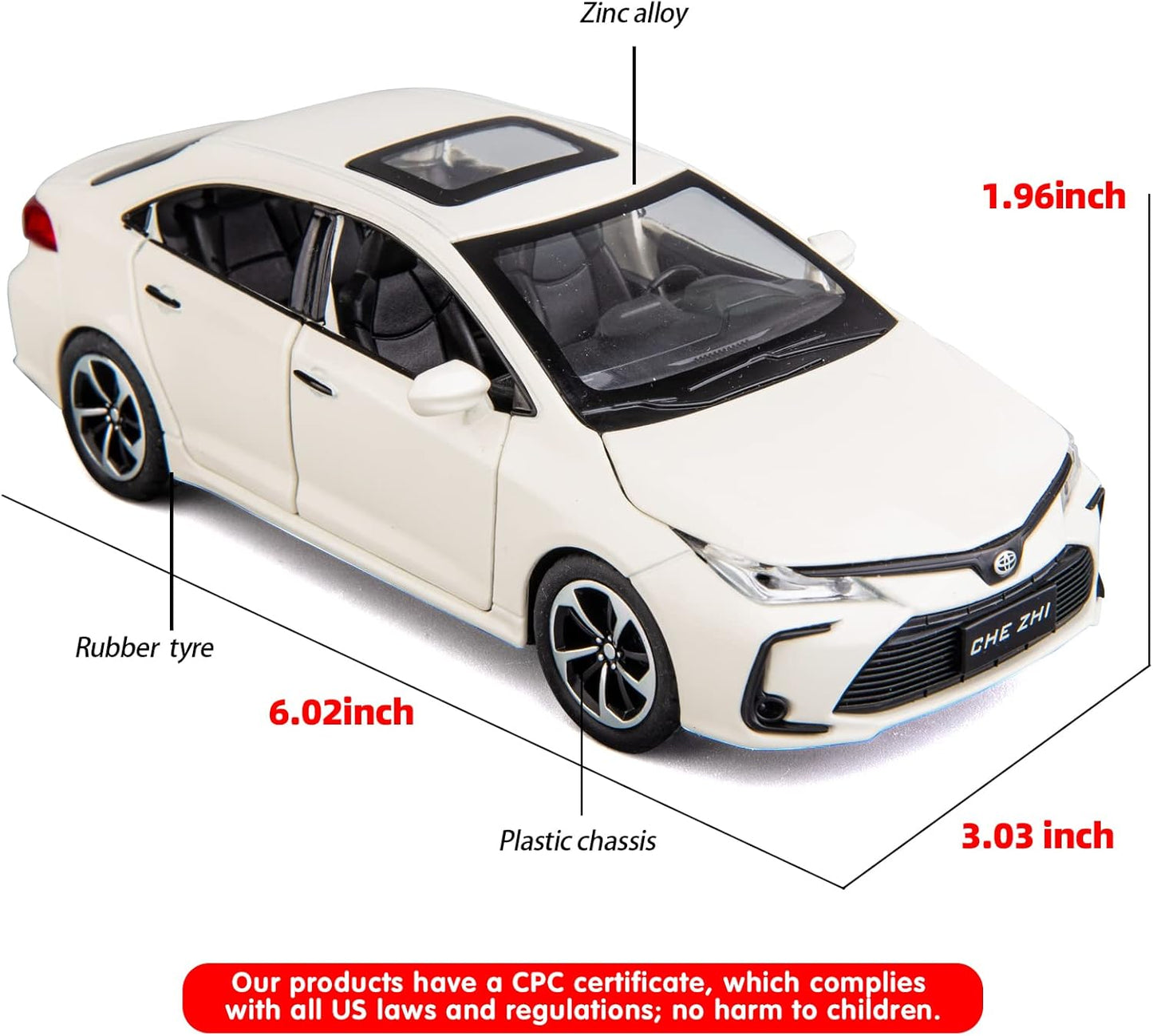 Toyota Corolla  1:32 Metal Diecast Car – Pull Back, Lights & engine Sounds, All Doors Open [White]