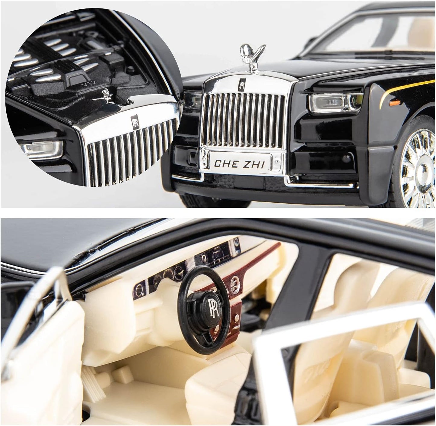 Rolls-Royce Phantom 1:32 Metal Diecast Car – Pull Back, Lights & Sounds, All Doors Open [Black ]