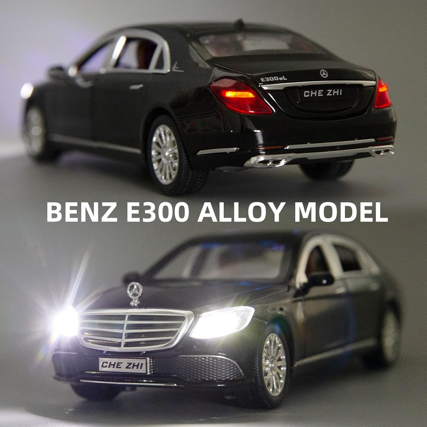 Mercedes Benz E300 1:24 Metal Diecast Car – Pull Back, Lights & engine Sounds, All Doors Open [Black]