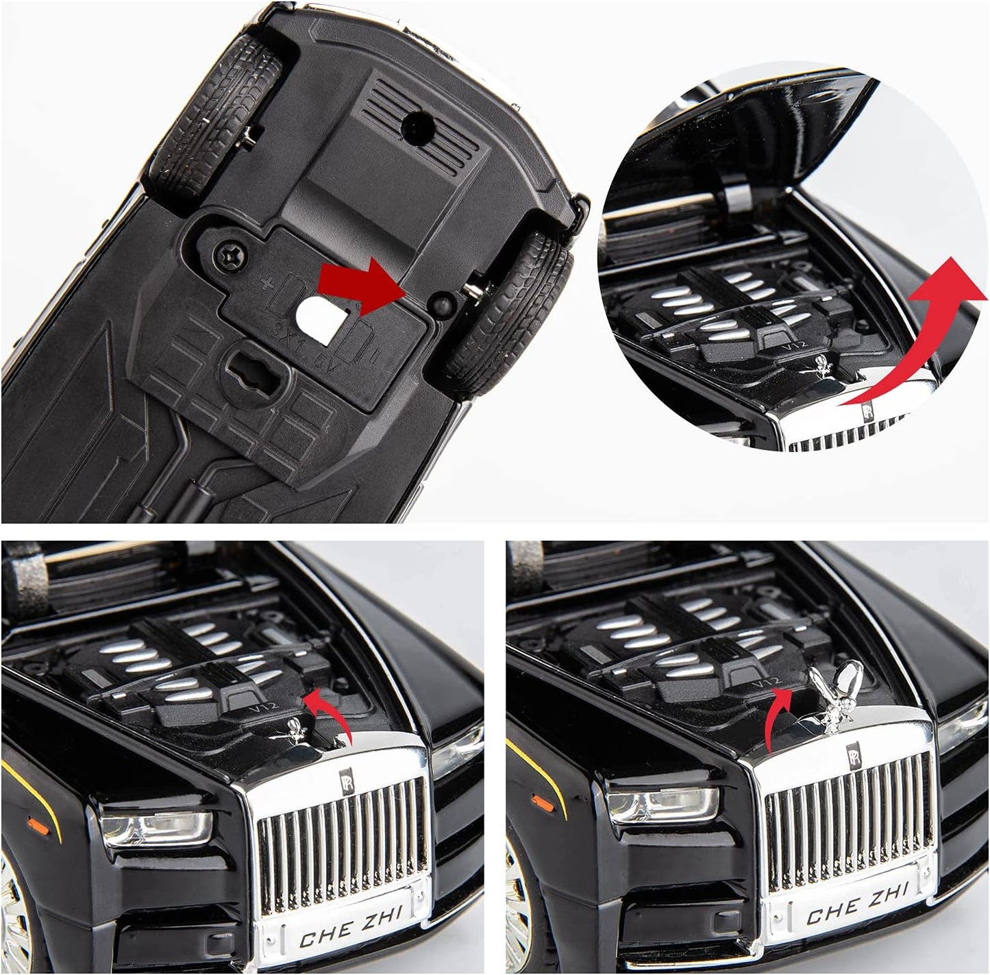 Rolls-Royce Phantom 1:32 Metal Diecast Car – Pull Back, Lights & Sounds, All Doors Open [Black ]