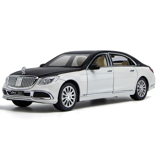 Mercedes-Benz S680 1:22 Metal Diecast Car – Pull Back, Lights & Sounds, All Doors Open [White Black]