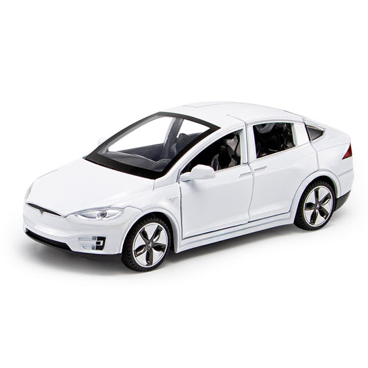 Tesla Model X 1:32 Metal Diecast Car – Pull Back, Lights & Sounds, All Doors Open [White]